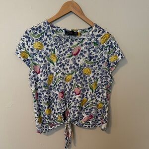 Polo Ralph Lauren White Floral Tie-Front Crop Top with Yellow & Pink Tulips